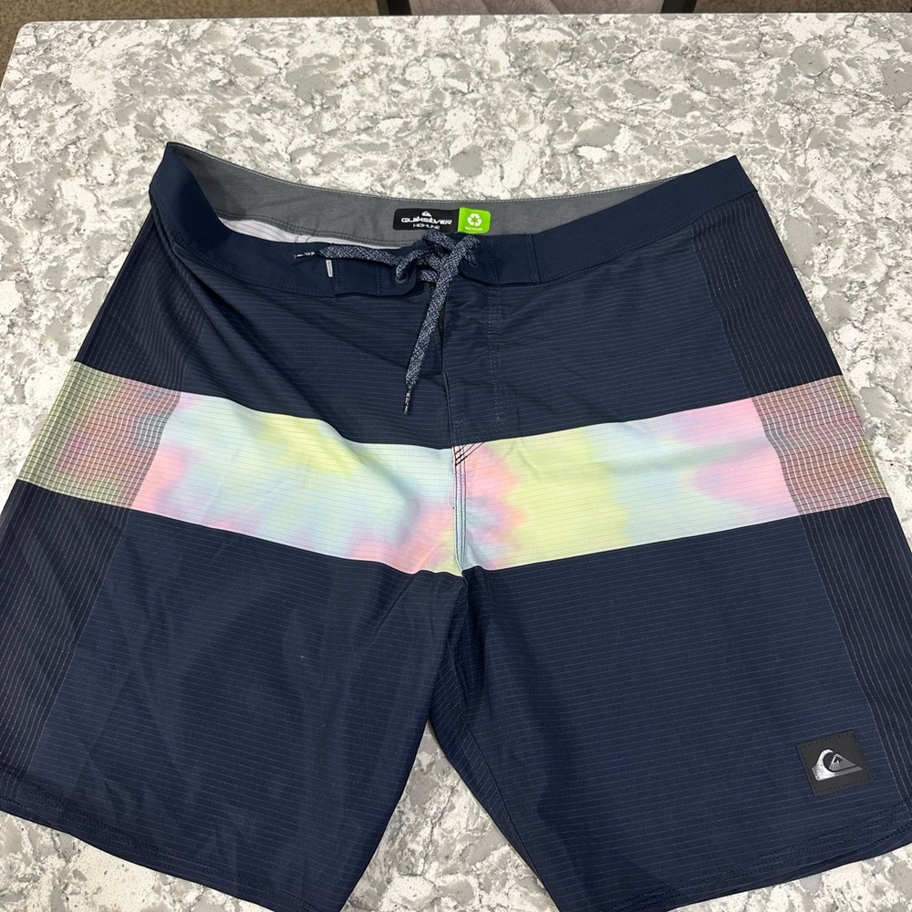 Quiksilver Men's Dark Blue Board Shorts with Pastel Stripe